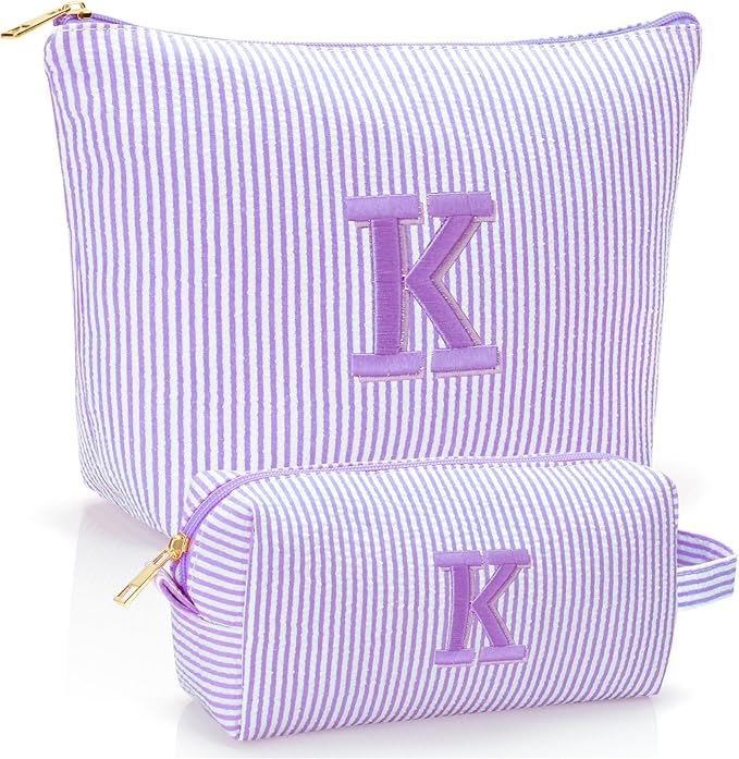 Personalized Initial Makeup Bag,Toiletry Travel Cosmetic Bag,Trendy Stuff for Teen Girls and Women,Holiday & Birthday Gift,2 Pack (K, Purple)