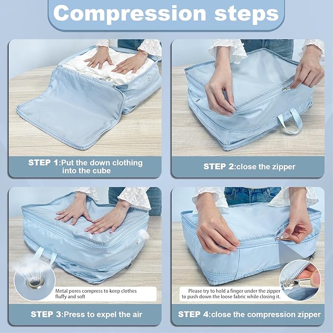 Compression Packing Cubes, 2pc Compression bags for Travel Packing Organizer, Expandable Compression Cubes for Travel, Light Blue