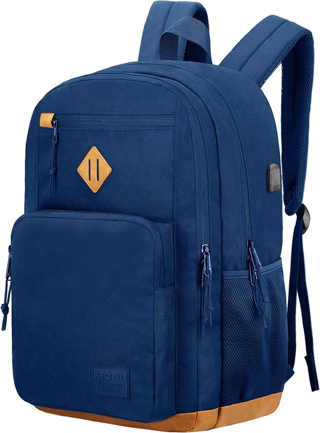 KEOFID Classic Travel backpack for Men and Women, Anti Theft Laptop Backpack with USB Charging Port for Work, Large Bag for College, Water Resistent(Blue 19inches)
