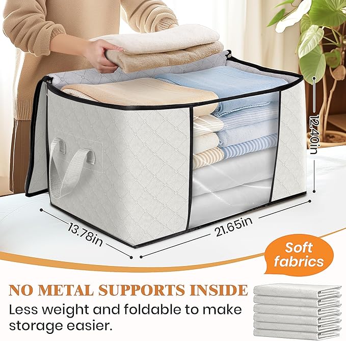 Fab totes 3 Pack Clothes Storage, Foldable Thick Fabric Blanket Storage Bags, Containers for Organizing Bedroom, Closet, Clothing, Comforter, Organization with Handle,Ivory White