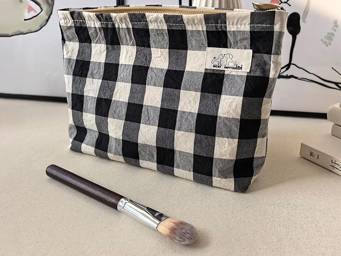 HAPPYHEIDI Large Cotton Black White Checker Makeup Bag with Compartment Cosmetic Toiletry Travel Pouch,Purse Accessory Organizer,Canvas Lined