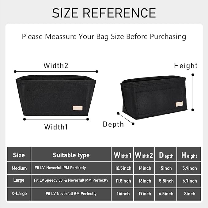 Purse Organizer Insert Compatible with Neverfull GM and More, Felt Bag Organizer with Base Shaper for Tote Handbags, Purse Insert with Zipper, 10 Cpmpartments, Black/XL