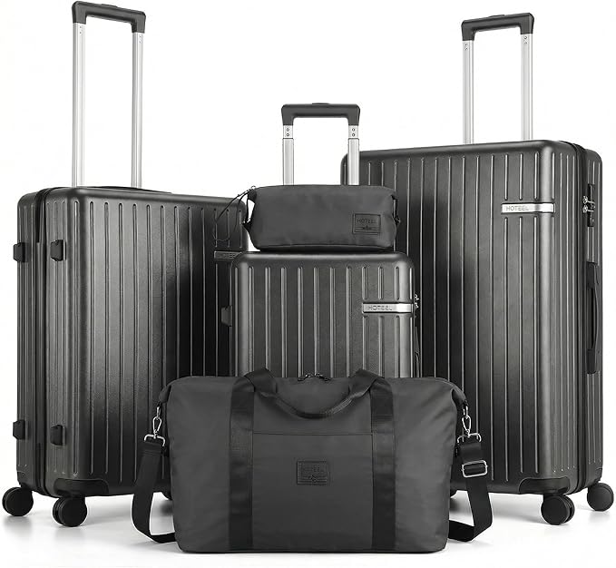 Hoteel Luggage Sets 5 Piece (4-YEARS WARRANTY), ABS+PC Suitcases with Wheels and Side Hook, Hardshell 20/24/28 inch Luggage with Duffel Bag Travel Bag, Black
