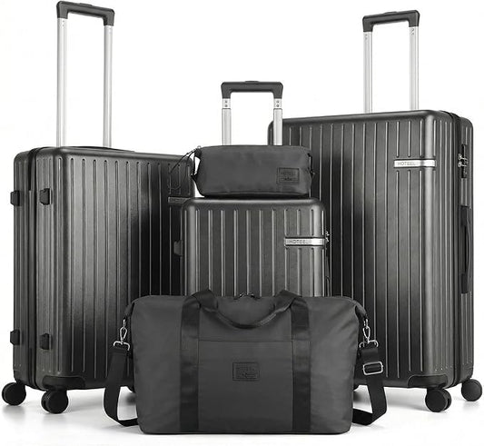 Hoteel Luggage Sets 5 Piece (4-YEARS WARRANTY), ABS+PC Suitcases with Wheels and Side Hook, Hardshell 20/24/28 inch Luggage with Duffel Bag Travel Bag, Black
