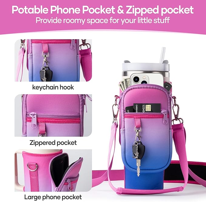 linmaya Water Bottle Carrier Bag for Stanley Cup 40/30oz with Phone Holder Pockets,Neoprene Water Bottle Cross-body Bag with Adjustable Shoulder & Hand Strap Stanley Cup Accessories