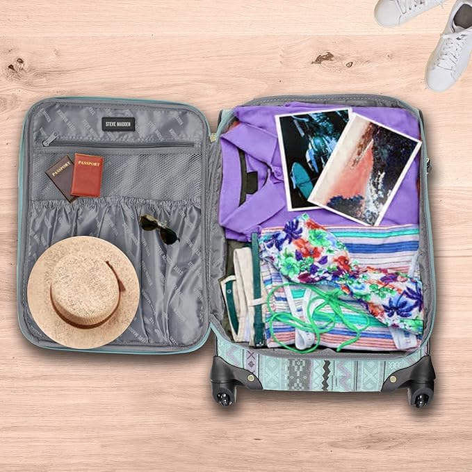 Steve Madden Designer-Gepckkollektion Leichter Softside-Koffer fr Damen und Herren strapazierfhige 50,8 cm groe Tragetasche mit 4 rollenden Spinner-Rdern, Legends Turquoise, 20in, Carry on Bag With