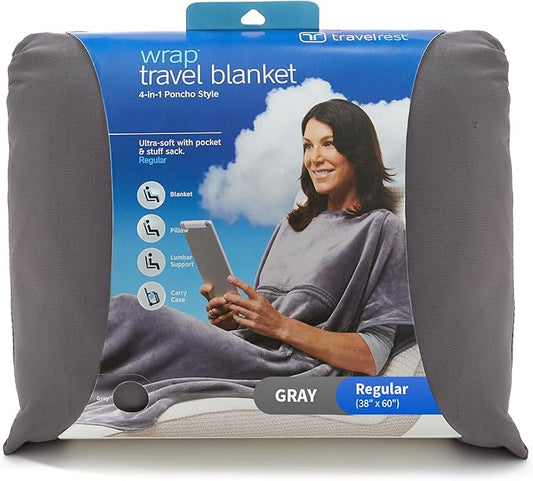 TRAVELREST 4-in-1 Travel Blanket – Wearable Blanket, Pillow & Body Wrap, Lightweight, Compact & Cozy with Carry Case, Travel Friendly, Comfort, Ideal for Airplanes, Long Flights, Road Trips - Gray