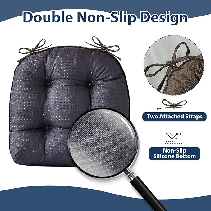 Chair Cushions for Dining Chairs, Seat Cushions for Kitchen Chairs, Indoor Seat Cushions with Ties, Tufted Foam Chair Pads, Non Slip Chair Cushions Set of 2, 15.5" x 15.5" x 4", Brown