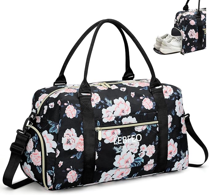 Travel Duffle Bag for Women Large Weekender Overnight Bags Gym Bag with Shoe Compartment Waterproof Hospital Bag Carry On Tote Bag for Airplanes,Black Flower