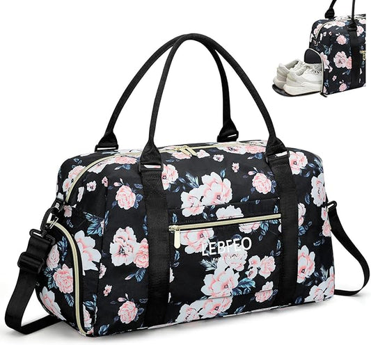 Travel Duffle Bag for Women Large Weekender Overnight Bags Gym Bag with Shoe Compartment Waterproof Hospital Bag Carry On Tote Bag for Airplanes,Black Flower