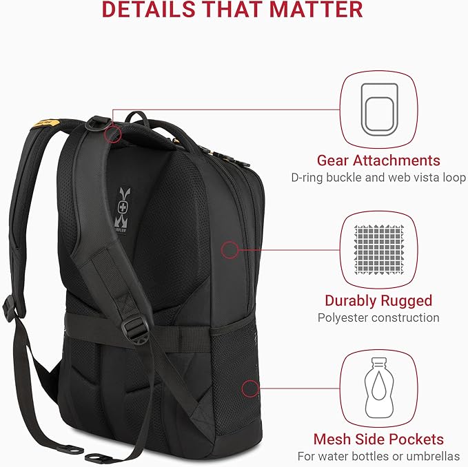 SWISSGEAR Cecil 18-Inch Laptop Backpack Fits 16-Inch Laptop, Travel Daypack with Organizer Pockets, Water Bottle Holders & Padded Straps – Black/Gold