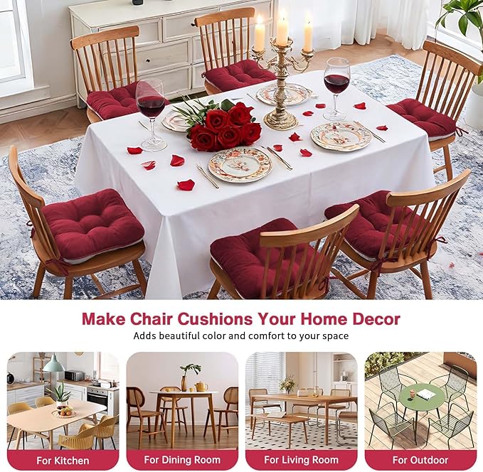 BETU Chair Cushions for Dining Chairs Set of 6,3.5" Thick Kitchen Table Chair Pads with Ties,Non Slip Backing and Covers, Christmas Decor Seat Cushion for Dining Room,Bar,Patio Chairs,16"X16"X3.5",Red