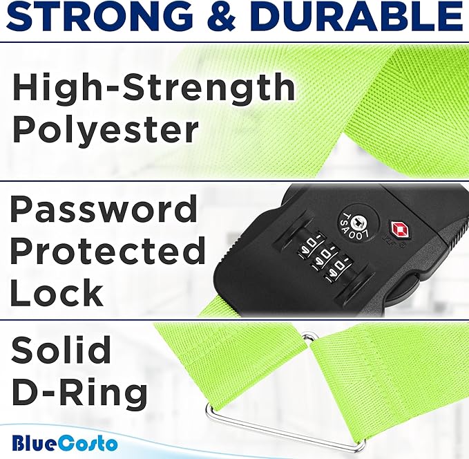 BlueCosto - Luggage Strap with TSA Lock - 7 to 13 ft Adjustable, Neon Green - TSA Approved Suitcase Security Belt with 3 Digit Combination Locking - 2" Wide Heavy Duty Baggage Strap for Secure Travel