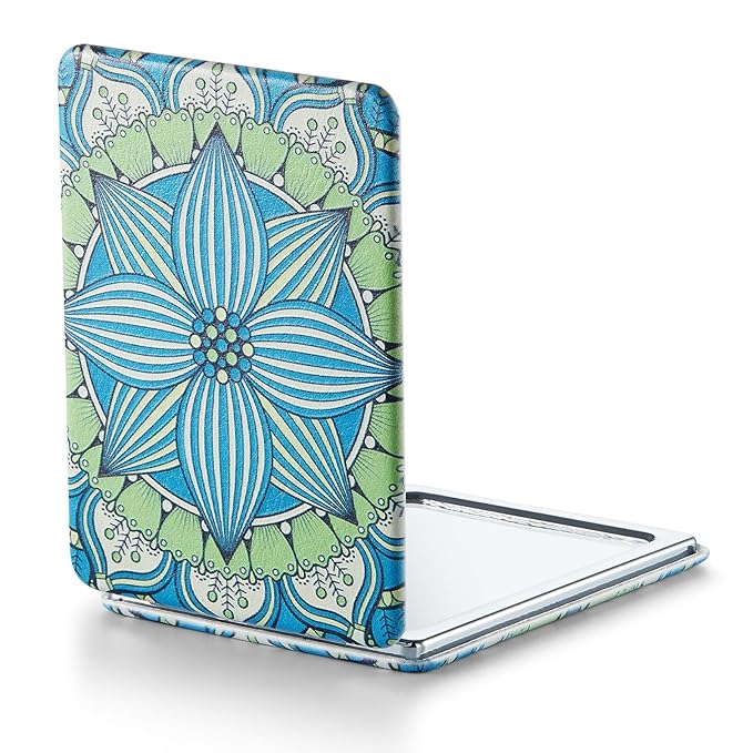 OMIRO 1X/3X Magnifying Mirror, Unique Painting Compact Mirror with Classical PU Leather, 2.4" W x 3.4" L (Green Flower Mandala)