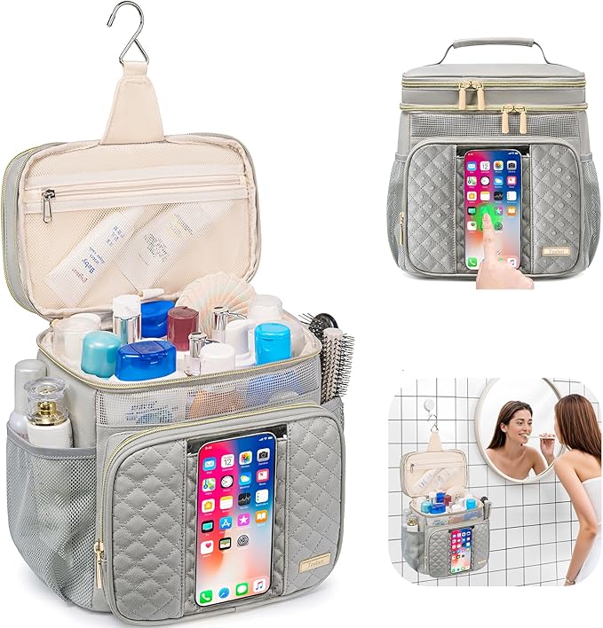 Large Leather Toiletry Bag for Women Men,Bathroom Bag,Water Resistant Shower Bag,Makeup Bag,Portable Shower Caddy for College Dorm,Hanging Travel Toiletry Bag with Transparent Waterproof Phone Pocket