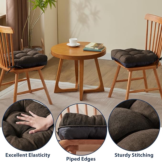 Chair Cushions for Dining Chairs, Seat Cushions for Kitchen Chairs, Indoor Seat Cushions with Ties, Tufted Foam Chair Pads, Non Slip Chair Cushions Set of 4, 15.5" x 15.5" x 4", Brown
