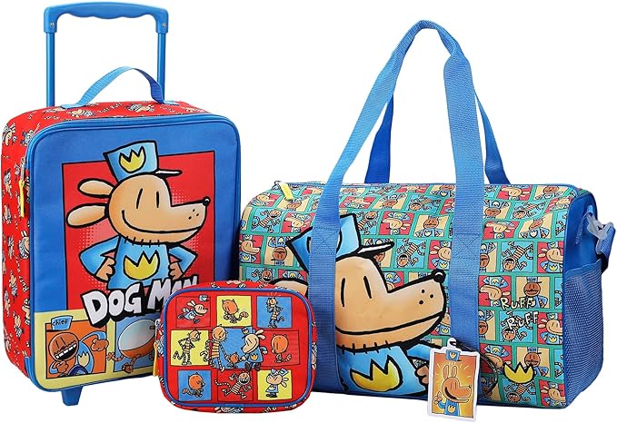 Bioworld Dog Man Character Squares 4-Piece Youth Travel Set Carry on luggage