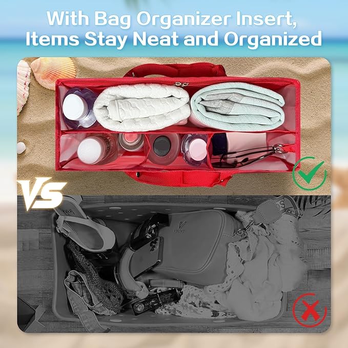 XYFuuee Beach Bag Organizer Inserts for Original Large Bogg Bag Accessories with 8 Removable Metal Fasteners, Lightweight Mesh Insert Divider Pouch, Organizing Rubber Tote, Save Space, Red XL
