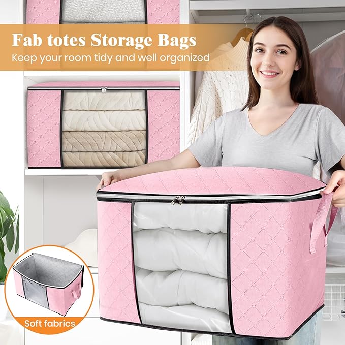 Fab totes 24 Gallons Clothes Storage, Foldable Thick Fabric Blanket Storage Bags, Containers for Organizing Bedroom, Closet, Clothing, Comforter, Organization with Handle (8 Pack,Pink)