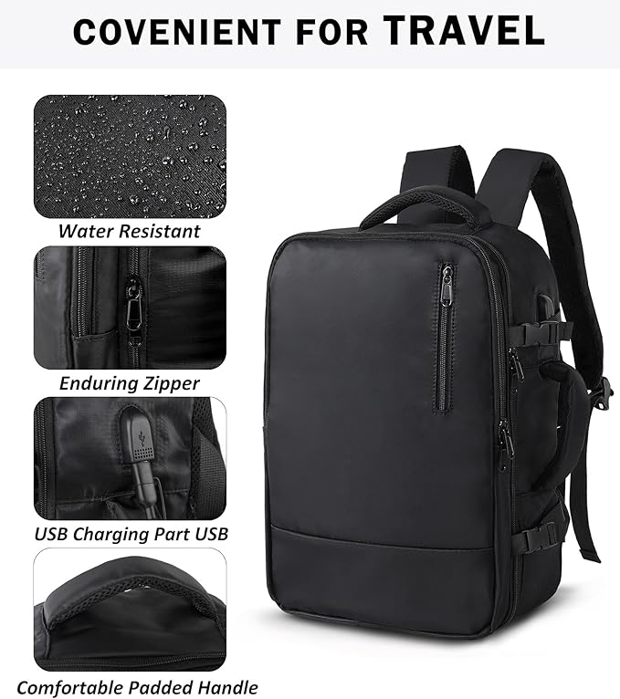 TANTOMI Small Travel Backpack for Women Men, 15.6 Inch Laptop Backpack Flight Approved, Carry-On Bags with USB Charging Port & Shoe Pouch, Casual Daypack on Airplane for Weekender Work Business, Black
