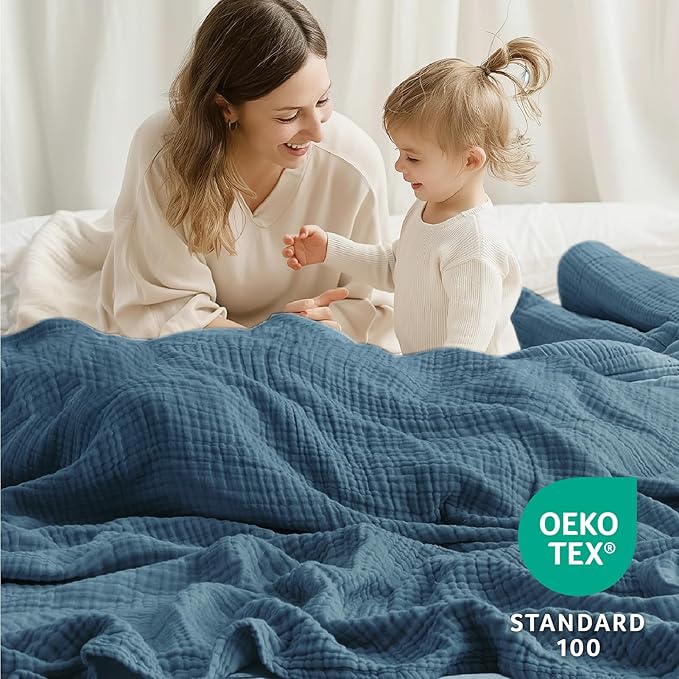 100% Cotton Muslin Blanket Queen 90" x 90", 6 Layers Breathable and Lightweight Cotton Throw Blanket for Bed, Soft Quilt Bedspread Coverlet, Gauze Blanket for Adults All Season, Blue