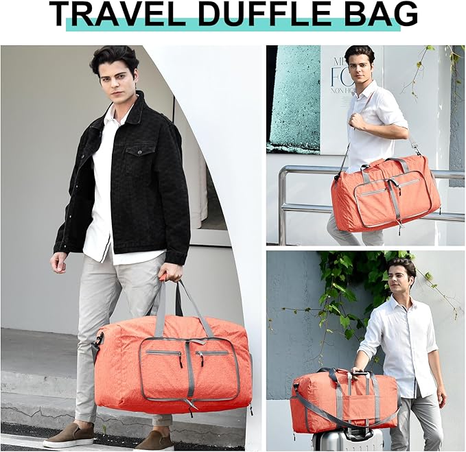 Dimayar 65L Travel Duffle Bag for Men Women - Foldable Duffel Bag with Shoes Compartment - Overnight Bags Waterproof & Tear Resistant(Orange)