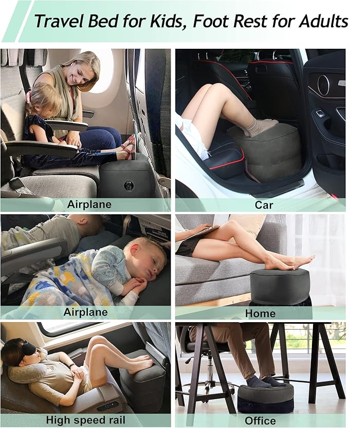 JefDiee Inflatable Foot Rest Pillow, Kids Airplane Bed, Adjustable 3 Layers Height Leg Rest Pillow, Airplane Travel Essentials Great for Airplane, Office, Home, Trains, Cars