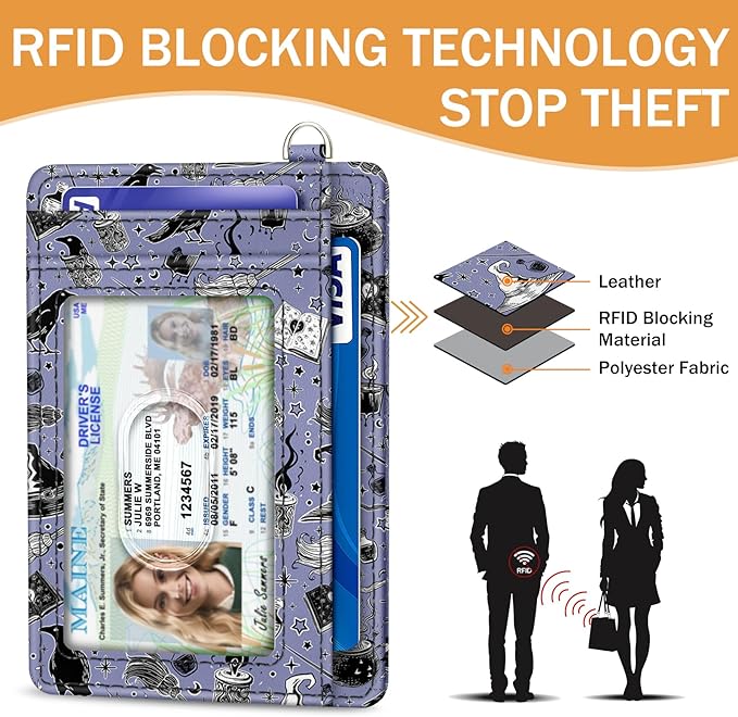 Yonlevres Credit Card Holder Slim Wallet, Magic Goth RFID Wallet Women Front Pocket Small Card Holder Travel Cute Funny Thin Card Case ID Window PU Leather RFID Blocking Card Organizer Gifts Girls