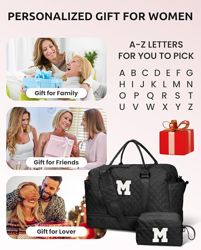 Graduation Gifts for Girls-Initial Duffle Bag with Shoe Compartment, Personalized Weekender Bag, Monogram Overnight Bag, Letter Travel Bag with Makeup Bag, Bride Gifts (Letter L)