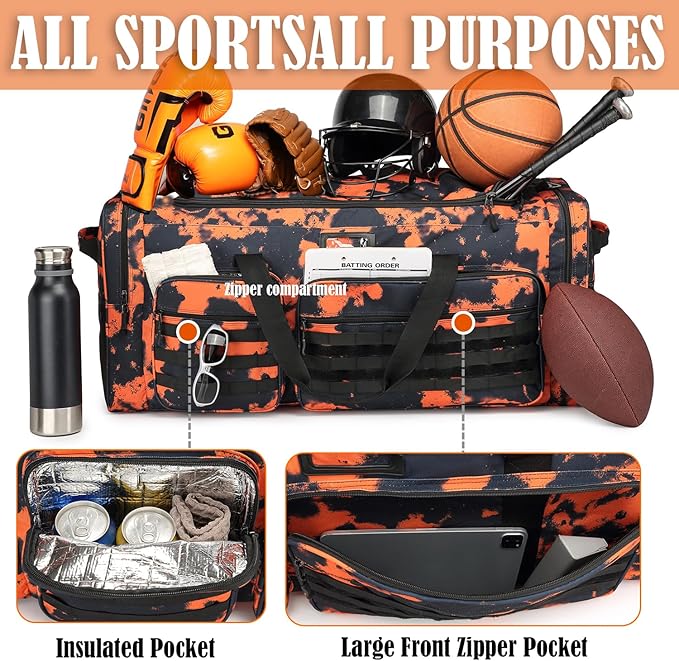 Extra Large Duffle Bag for Men, Heavy Duty Duffle Bag for Travel, Large Sports Gym Equipment Bag for Hockey Football Soccer Baseball Basketball & Team training (Orange Graffiti)