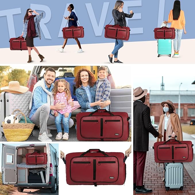 Fmeida 65L Duffle Bag with Shoes Compartment, Foldable Travel Duffel Bags for Men Women, Large Packable Travel Bag Water Repellent & Tear Resistant (Red)