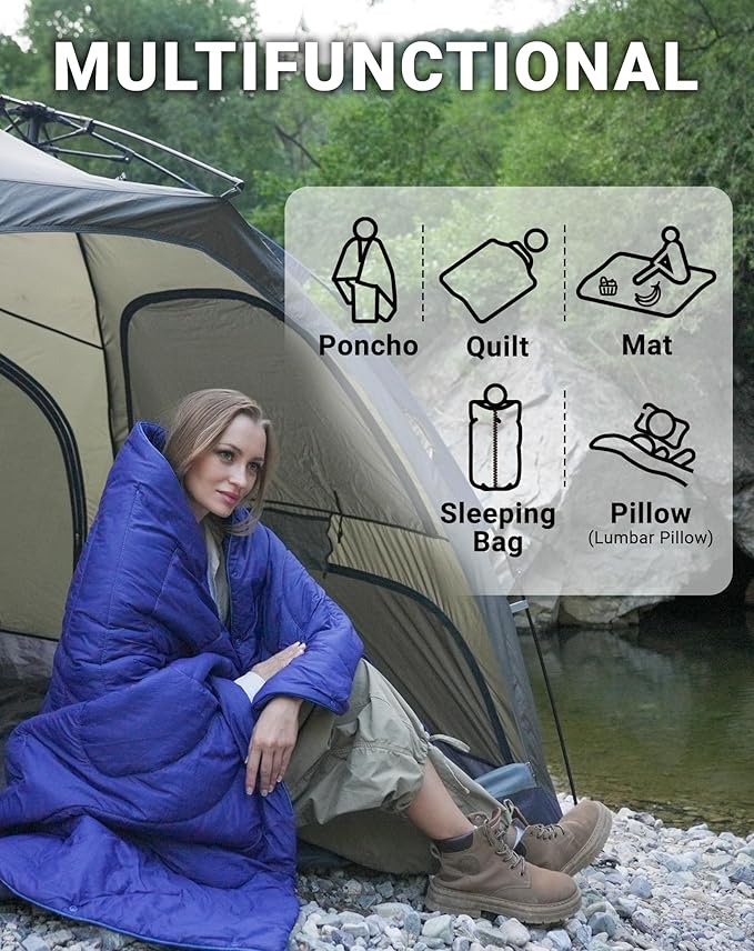 KingCamp Ultralight Camping Blanket, Packable Down Alternative Puffy Wearable Blankets Weatherproof Warm Package Quilt with Snap Buttons for Outdoor Hiking Travel Picnic Stadium (69" L x 53" W, Navy)