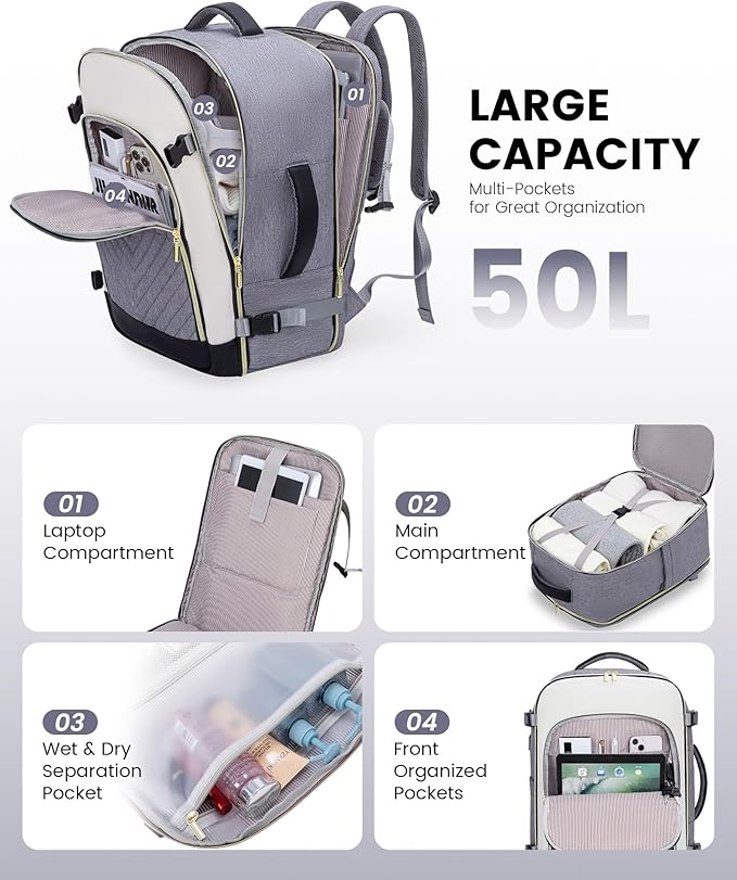 LOVEVOOK Large Travel Backpack for Women, 50L Carry on Backpack Airplane Approved, TSA Personal Item Travel Bag for Women fits 18" Laptop, Waterproof Carry on Bags for airplanes with 3 Packing Cubes