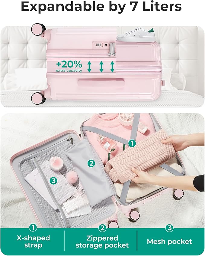 BAGSMART Carry On Luggage 22x14x9 Airline Approved with Spinner Wheels,100% PC Hardside Expandable Luggage with TSA Lock for Trips, 20 Inch Rolling Suitcases for Men Women,Pink