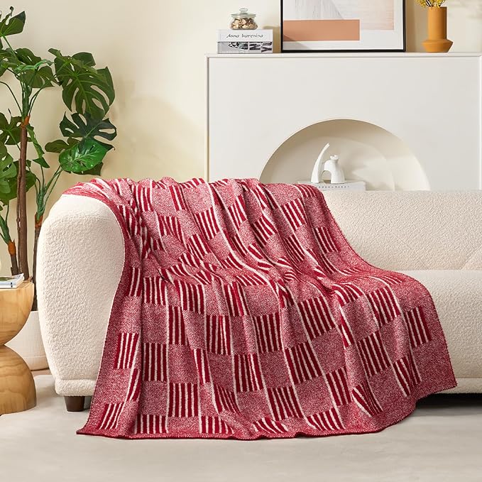 Snuggle Sac Red Checkered Christmas Blanket,Super Soft Reversible Twin Size Cozy Warm Throw Blanket for Couch Sofa Bedroom,Cute Lightweight Striped Blankets for Women,Heather Red,60x80 inches