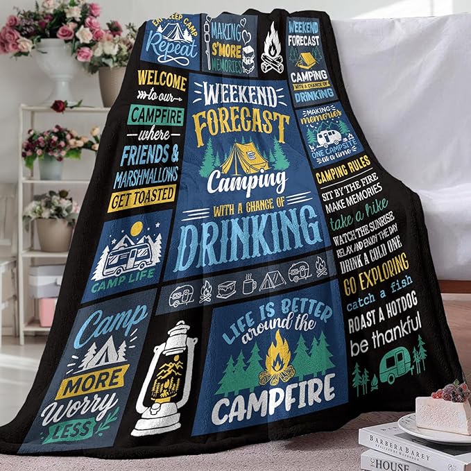 Camping Gifts for Men Women Flannel Throw Blanket, Vintage Birthday Ideas for Camper, Present for Camping Lover RV Owner, Campsite Outdoor Travel Hiking Bed Sofa Blankets 50"x60"