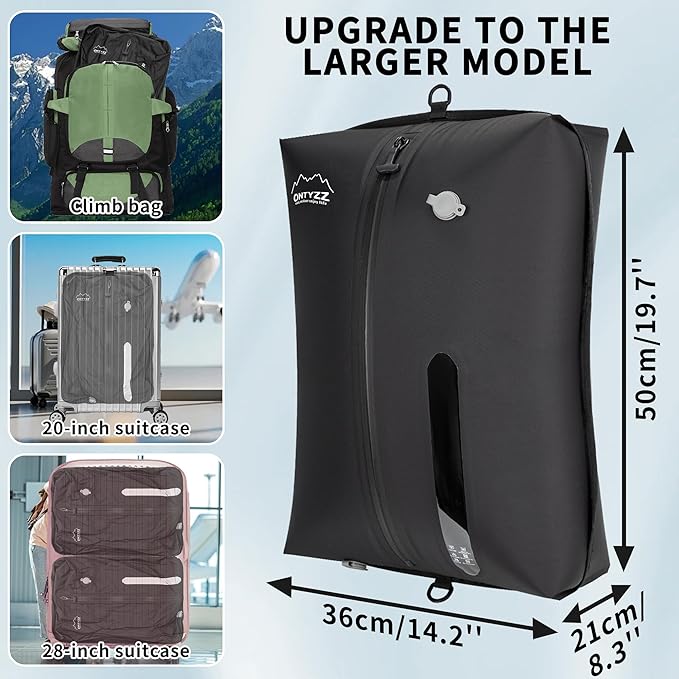ONTYZZ Vacuum Bags for Travel, Reusable Vacuum Compression Bag, Recycled IPX8 Waterproof Space Saver Bag for Luggage/Camping/Home Storage (2 Pack with Air Pump-Black)