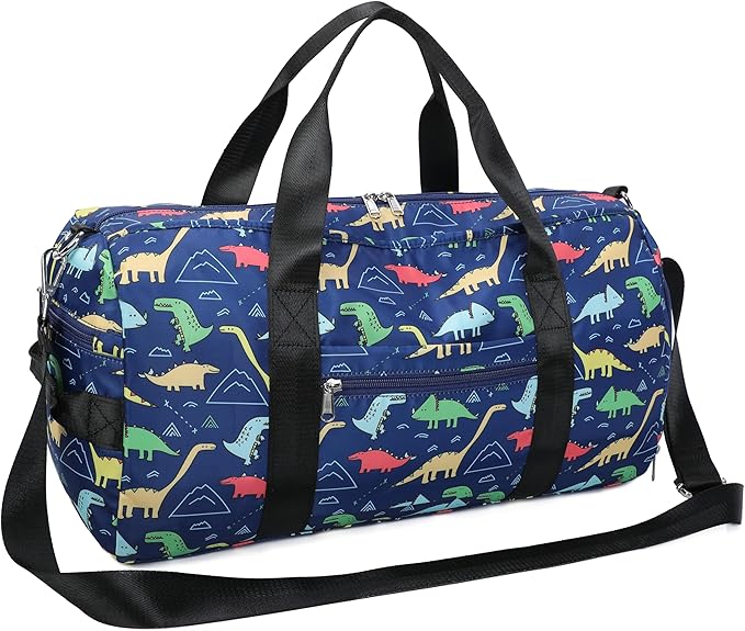 CAMTOP Kids Overnight Duffel Bag for Boys and Girls Carry-On Size Tote for Travel Gym Sport (Navy Dinosaur) 18.1"L* 9.1" H* 8.7"W