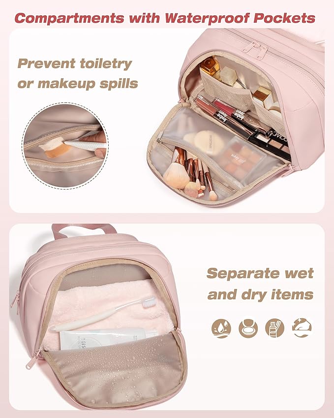 Travel Makeup Bag, Small Size Waterproof Toiletry & Cosmetic Organizer with Leakproof Pockets for Bathroom or Vanity Use for Women, Pink