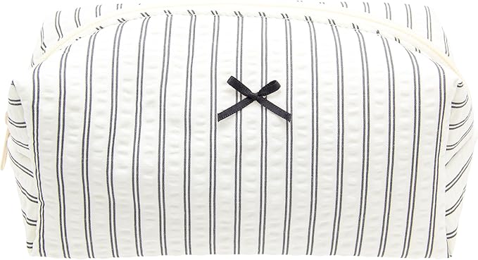 PAZIMIIK Cozy Makeup Bag Small Aesthetic Travel Zipper Cosmetic Pouch for Women Make Up Beauty Accessories Brushes, Stripe Black