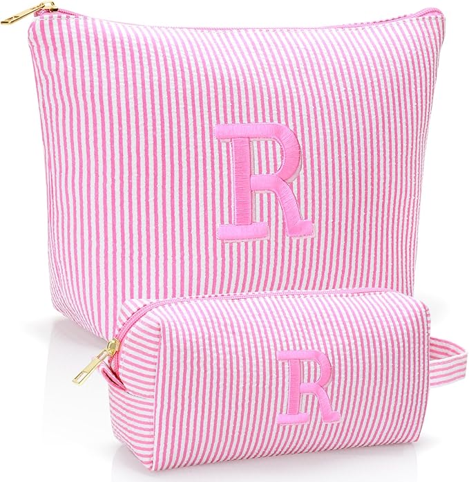 Personalized Initial Makeup Bag,Toiletry Travel Cosmetic Bag,Trendy Stuff for Teen Girls and Women,Holiday & Birthday Gift,2 Pack (R, Pink)