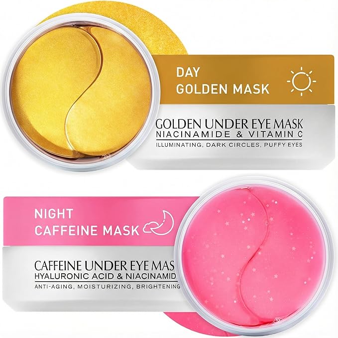 Under Eye Patches Kit: 120 Pcs Rosy Caffeine & 24K Gold Gel Eye Mask for Dark Circles, Puffiness and Wrinkles - Anti-Aging Pads with Niacinamide, Collagen, Hyaluronic Acid & Vitamin C (2 Pack)