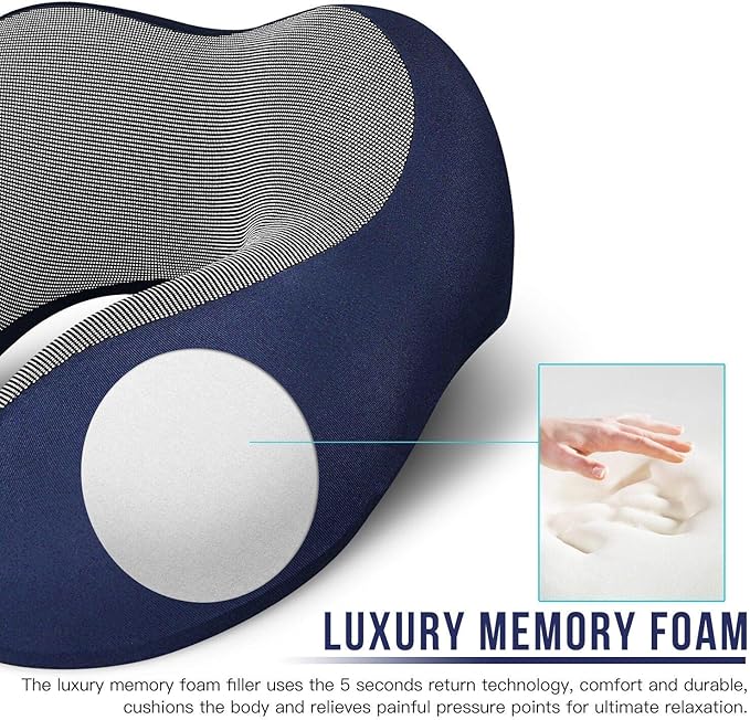 MLVOC Neck Pillow for Traveling, Upgraded 100% Pure Memory Foam Travel Neck Pillow for Airplane Flight Sleep, Breathable & Machine Washable Cover, Travel Kit with 3D Eye Mask, Earplugs & Bag, Blue
