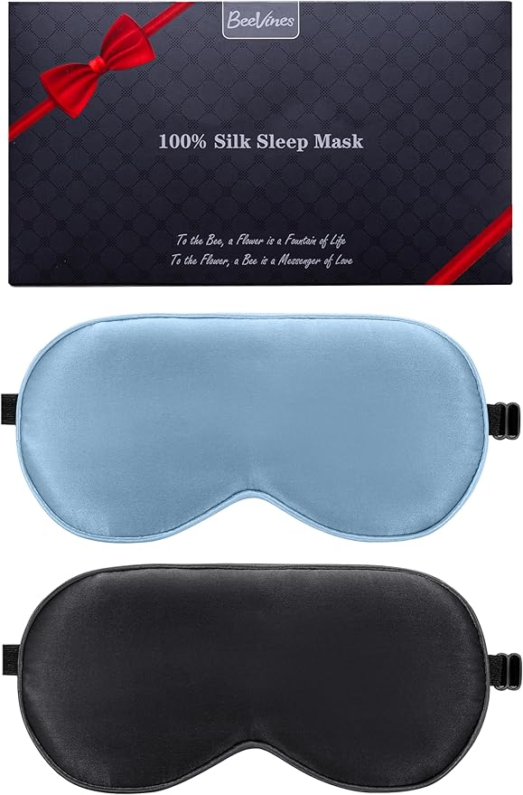 BeeVines 100% Real Mulberry Silk 2 Pack Sleep Mask, Pure Silk Eye Masks with Adjustable Strap for Sleeping, 100% Block Light Eye Shade Cover, Reduces Puffy Eyes Traveling Gifts(Black & Pastel Blue)