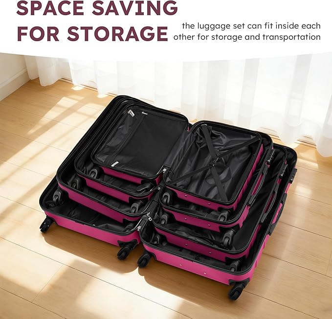 Suitour 4 Piece Luggage Sets, Hard Shell Suitcase Set with Spinner Wheels 16 20 24 28inch Travel Sets(Rose Red)