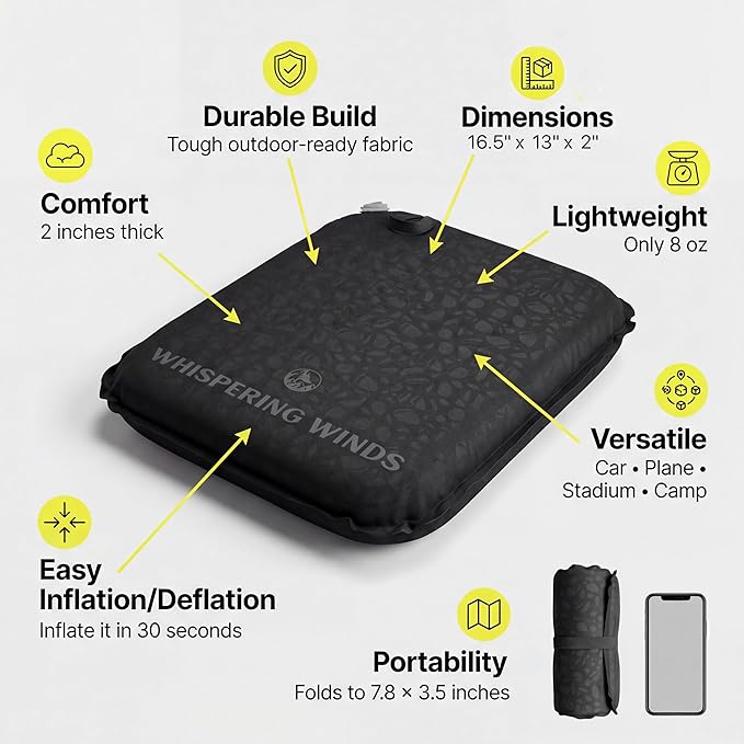 Whispering Winds Inflatable Seat Cushion - Comfortable Blow-up Foam Pad for Airplane, Travel, Stadium, Outdoors, Camping, Car & More