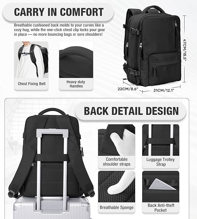 VECAVE Vacuum Backpack Travel with Pump for Women, Personal Item Carry on Backpacks Flight Approved for Men,Laptop Waterproof Work Compression bags Casual Daypack Black