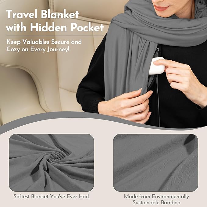 16-in-1 Compact Travel Blanket with Bag – Reversible, Ultra Soft Bamboo Airplane Blanket with Hidden Pocket – Packable for Flights & Travel Essentials (Semi-Weighted, Double Layer)