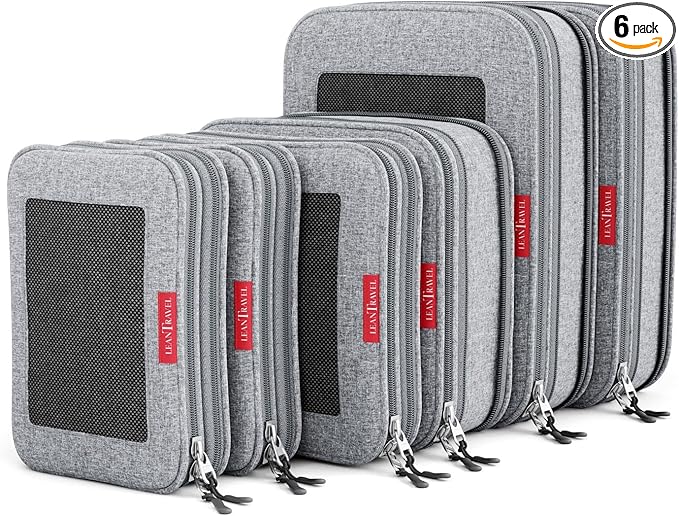 LeanTravel Premium Compression Packing Cubes for Travel - Suitcase Organizer Bags with Double Zipper & Breathable Mesh Panel - Space Saving Carry On Luggage Essentials (6-Pack, Grey)