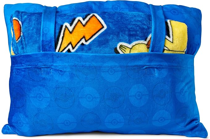 Northwest Pokémon Pika Pika Pikachu Plush Blanket 50" x 60" with 3D Plush Pocket Pillow 14" x 20" - Soft Pokemon Gifts for Boys and Girls- Comfy and Cozy Blanket Set